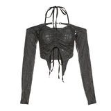 2025 Summer New Women's Pure Color Body Open Umbilical Fashion Fold Hanging Neck T-Shirt 68HZ