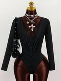 New Solid-Color Shoulder Lace Splicing Deep V-Repair Sexy Elastic Jumpsuit