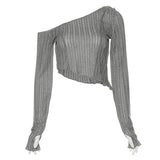 Autumn 2025 New Women's Solid Color Empathic Umbilical Fashion Irregular Slanted Shoulder Long-Sleeved T-Shirt 68HZ