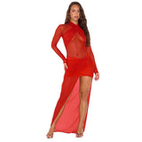 Women's Red Collar Body-Body-Groomed Ass Dress Sexy Cross-Sliced Perspective Mesh Dress Woman