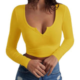 Newly Dressed Small V-Neck Long-Sleeved Jersey Sexy Short-Term Umbilly T-Shirt