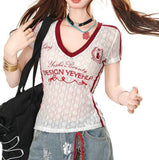 Vintage Shoulder V-Neck Short-Sleeved T-Shirt Girl Street Hottie Design Perspective Short-Sized Top Tide 68HZ