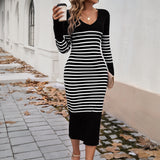 Dili Women's Clothing 2025 Autumn And Winter Repair Sexy Deep V Bump Color Striped Sweater Dress