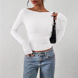 Women's Long Sleeve 2025 Autumn Word Collar Basic T-Shirt Casual Rib Knitted Corrugated Tribs