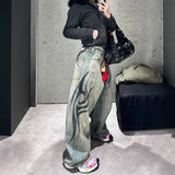 Trendy Print Jeans Women's High Street Hottie Design Wide Leg Pants Casual Drag Trousers 68HZ