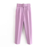 New Casual Pants Slender Slim Slim Belt Decorated Solid Color Straight Sue Nine-Point Pants