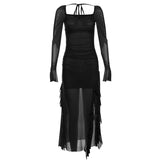 2025 Autumn New Women's Clothing Pure Color Repair Height Waist Fashion Collar Long Sleeve Mesh Dress 68HZ