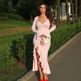 Autumn 2025 New White Long Sleeve Dress Sexy V Collar Horn Sleeve Dress
