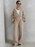 2025 New Ladies Casual Suit Solid Color Long Sleeve Hooded Cardigans Tight Waist Wide Leg Trousers 68HZ