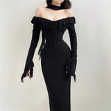 Women's Clothing 2025 Autumn And Winter New Sexy Long-Sleeved Word-Collar High-Waisted Hip Dress 68HZ