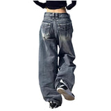 Ins Vintage Blue High Waist Jeans Women Y2K Harajuku Wind Make Old Straight Legs Drag Long Pants 68HZ