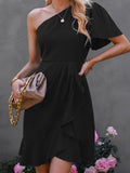 Dress 2025 Spring Solid Color Unilateral Sleeves And Shoulder Side Solid Color High-Waisted Oblique Shoulder Mid-Slope Shoulder Skirt