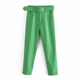 New Casual Pants Slender Slim Slim Belt Decorated Solid Color Straight Sue Nine-Point Pants