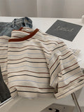 Vintage Stripe Bump Color Reduction Age-Retro Faded T-Shirt Girl Summer Loose Thin Hong Kong Wind Shoulder Short Sleeves Pure Cotton Clothes Fashion