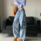 Vintage Design Side Striped Jeans Women Spring And Autumn Loose High-Waisted Hottie Multi-Pocket Workwear Long Pants 68HZ
