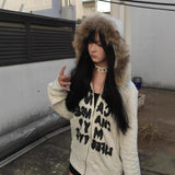 Vintage Letter Print Collar Hoodie Women Y2k Thick Silver Fist Velvet Jacket Set Loose Open Shirt 68HZ