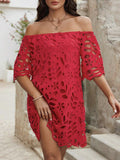 2025 New Commuter Wind Solid Color Brae Shoulder Hollow Lace Dress Dress Dress Dress Woman
