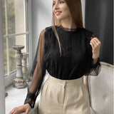 New Elegant Solid-Colored Yarn Long-Sleeved Bubble Sleeve Collar Collar Collar Women's Lace Shirt