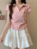 Rolling Polo Collar V-Neck Shoulder Short-Sleeved T-Shirt Girl 2025 Summer New Slim Short Solid Color Coat Tide