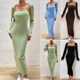 Dili Women's Clothing 2025 Autumn And Winter Temperament Elegant Solid Color Sling Dress Long-Sleeved Top