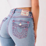 True Religion Skinny Jeans Women Y2k High Street Babes Low-Rise Pink Line Small-Footed Pants 68HZ