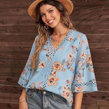 2025 Southeast Asian Summer New Loose V-Neck Temperament Commuter Horn Lace Jersey Chiffon
