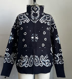 Small Print Leisure Languid Knitted Collar Zipper Long-Sleeved Sweater Seaside Vacation