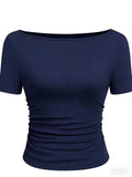 Hottie Solid Color Boat Collar Horn Sleeve T-Shirt Girl 2025 Autumn Dress Folds Thin Tops Long Sleeve