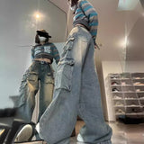 Multi-Pocket Design High Street Workwear Jeans Women Y2k Water Wash Old Loose Broad Leg Pants 68HZ