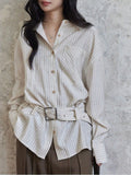 High Sense Of Waistband Striped Shirt Female Design Small Long Sleeve Retro Pile Design Thin Top