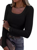 New Explosion Thread Pit Strips Long-Sleeved Sexy U-Neck Casual Women's T-Shirt