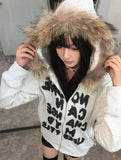 Vintage Letter Print Collar Hoodie Women Y2k Thick Silver Fist Velvet Jacket Set Loose Open Shirt 68HZ