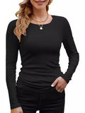 2025 Women's Women's Ribs Cotton Fabric Basic Round Neck Solid Color Long-Sleeved T-Shirt Repair