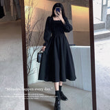 French Black Lady Dress Women's Spring Dress New Femininity Collar Showing Thin Sleeves To The Waist Hepburn Style Dress 68HZ