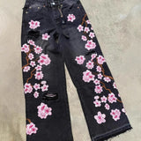 Vintage Trendy Cherry Blossom Embroidered Jeans Men And Women Y2k Harajuku Hip Hop Straight Tube Trousers 68HZ