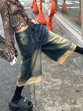 Vintage Large-Size Water Wash To Make Old Lace Splicing Denim Seven-Point Trousers Female Street Hottie Loose Legs Pants Tide 68HZ