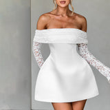Women's Clothing 2025 Summer New Temperament Shoulder Long Sleeve Sexy Body Lace Short Dress