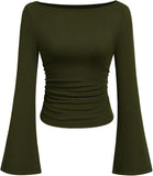Hottie Solid Color Boat Collar Horn Sleeve T-Shirt Girl 2025 Autumn Dress Folds Thin Tops Long Sleeve