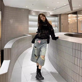 Vintage Vibe High-Waisted Denim Seven-Point Trousers Women Y2K Loose Leisure Water Wash To Make Old Straight Trousers 68HZ