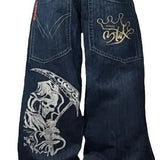Trendy JNCO Hip-Hop Embroidered Big Pocket Jeans Men And Women Y2k High Street Drag-And-Broad Leg Pants 68HZ