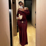 New And Sexy Fashion In The Autumn And Winter Of 2025, The Character Of The Shoulder-Folded Folded Metal Decorative Long Dress