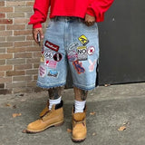 Trendy Print Denim Shorts Men's High Street Design Straight Five-Point Pants Loose Trousers 68HZ