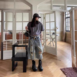 Vintage Vibe High-Waisted Denim Seven-Point Trousers Women Y2K Loose Leisure Water Wash To Make Old Straight Trousers 68HZ