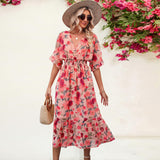 Summer Women's Dress Chiffon Print Fashion Short-Sleeved V-Neck Dress Cloth Thin And Breathable