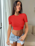 Global YS Women's Explosive Women's Sexy Hot Girl Pure Color Round Collar Body Open Umbilical Long-Sleeved T-Shirt Women's Clothing