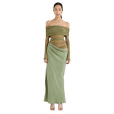 Women's Clothing 2025 Spring And Summer New Fashion Word Shoulder Long-Sleeved Perspective Mesh Splicing Bag Hip Dress