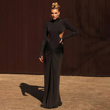New Women's Clothing In The Autumn Of 2025, Pure-Color Long-Sleeved High-Collar Temperament Folds And Back Dresses