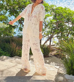 2025 New Collar Hollow Loose Top Straight Trousers Set Plant Flowers