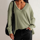 V-Necked Fashion Casual Waffling Shoulder Sleeves Sweater Movement Languid Autumn And Winter Top