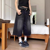 Vintage Denim Shorts Female Y2k Water Wash To Make Old Loose Broad-Legged Straight Seven-Point Pants Tide 68HZ